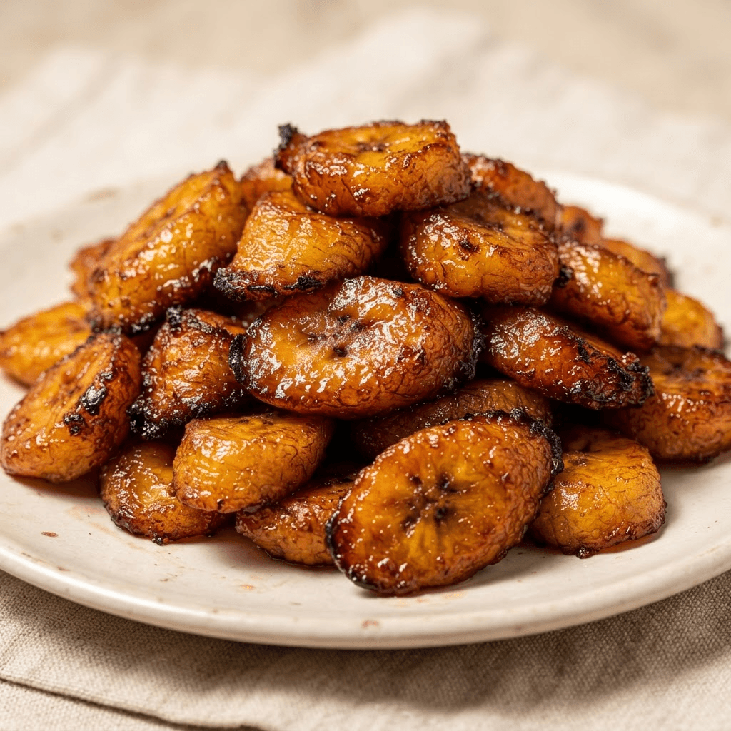 Golden fried plantain piled high on a plate