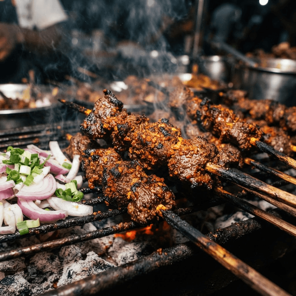 Skewers of smoky suya dusted with pepper spice