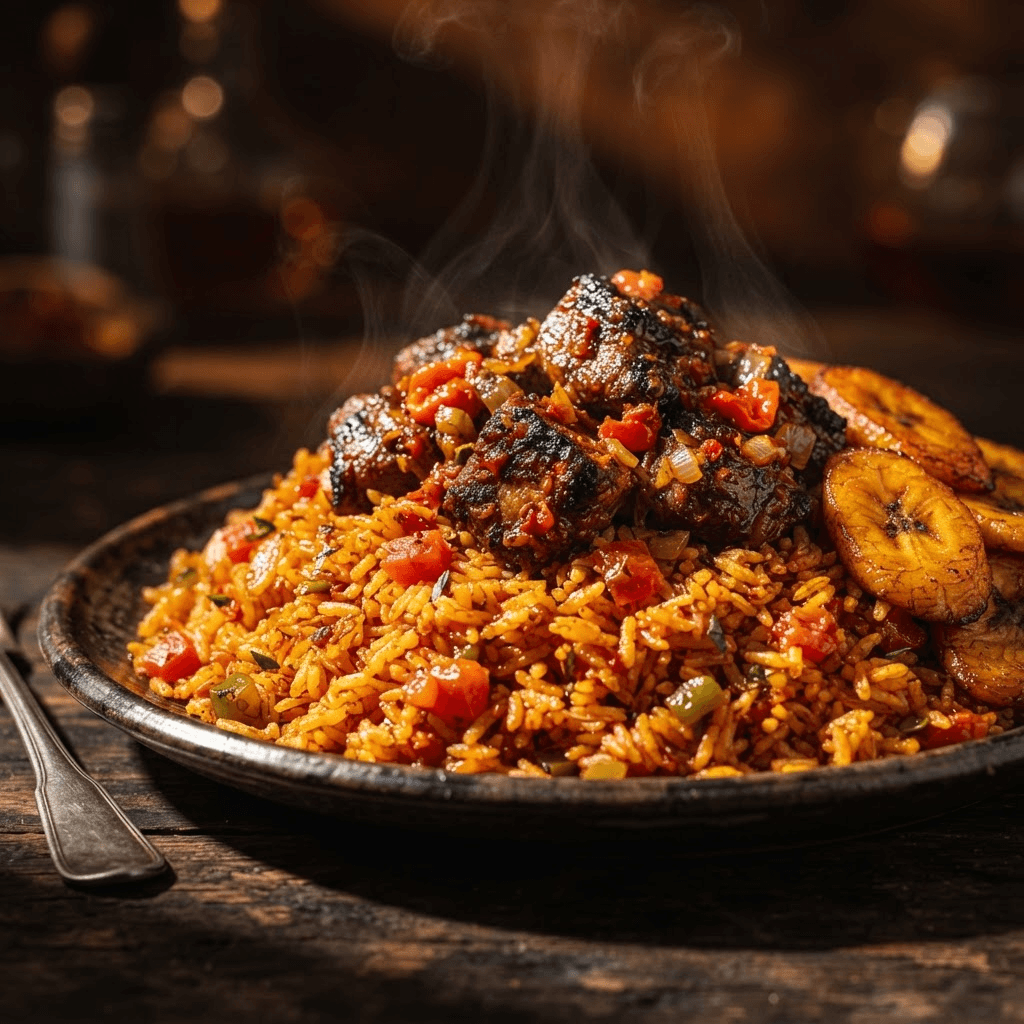 A plate of Nigerian party jollof rice with peppered goat meat and fried plantain