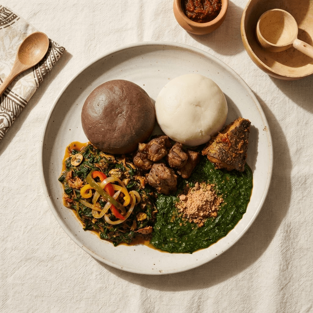 Amala with ewedu, gbegiri and assorted meat