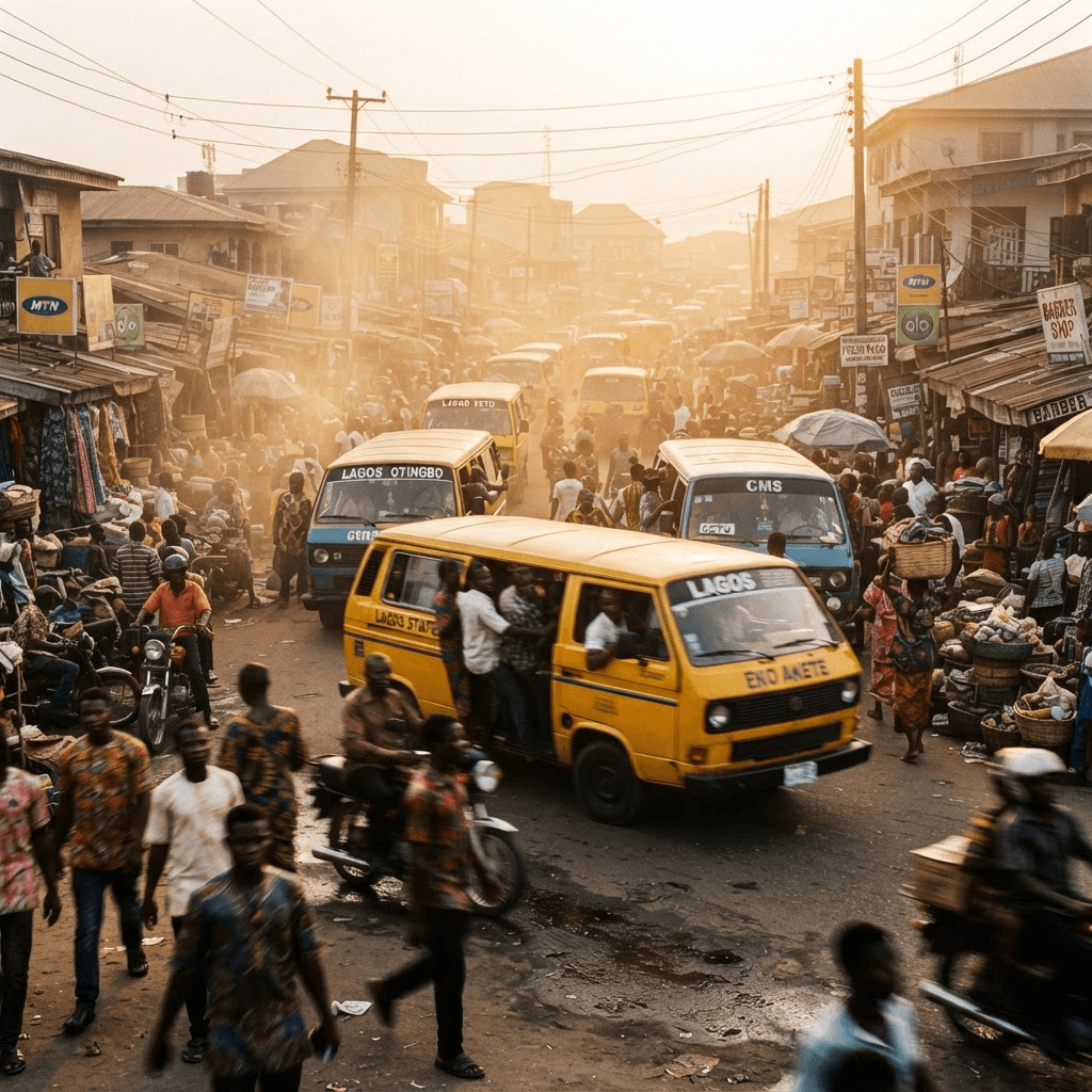 Busy Lagos street scene at golden hour