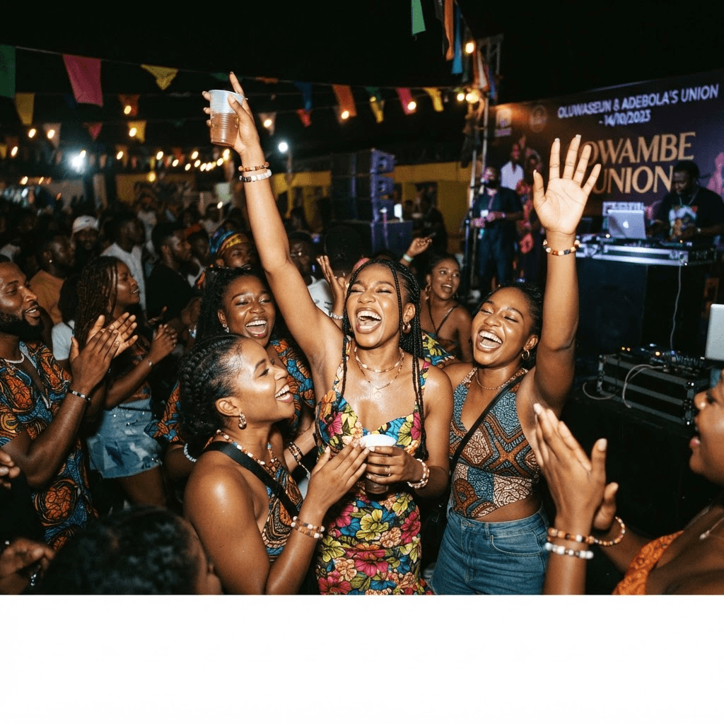 Guests dancing and celebrating at a Lagos owambe party