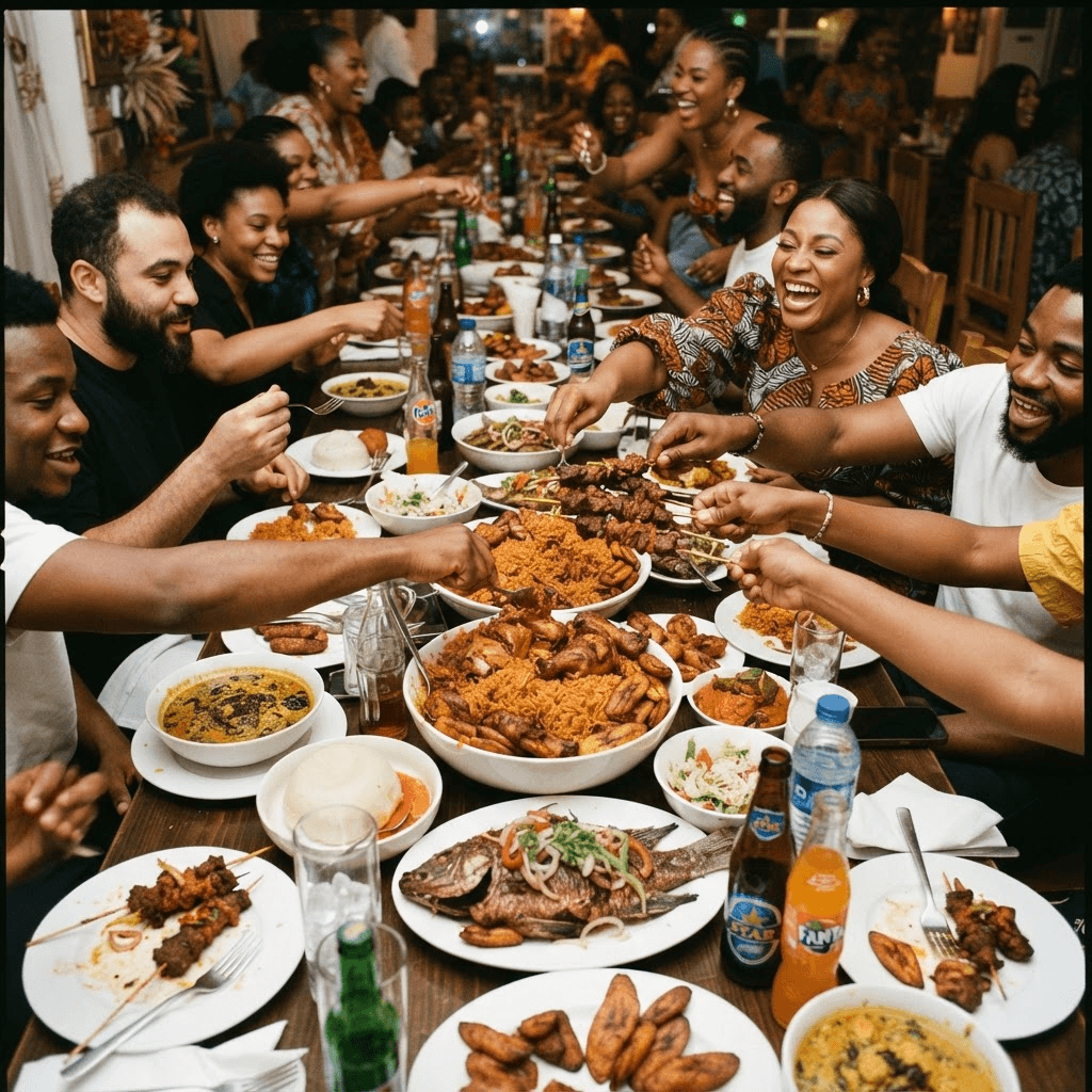 A long table loaded with full plates of Nigerian food and drinks